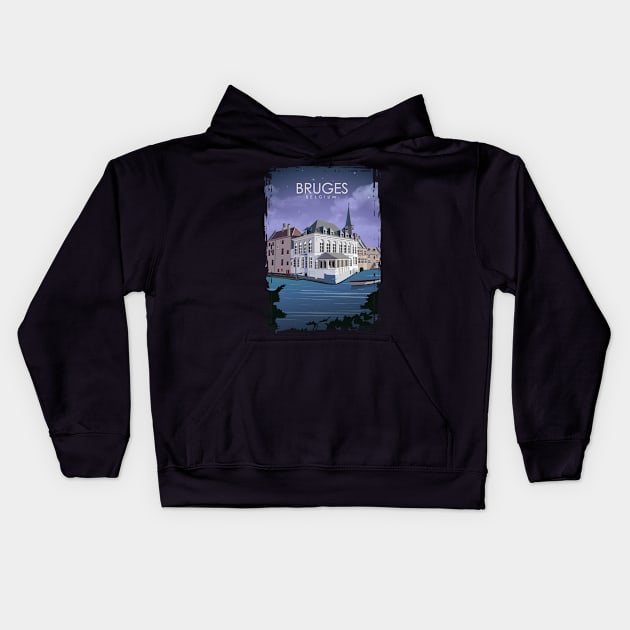 Bruges Vintage Minimal Belgium Travel Poster at Night Kids Hoodie by jornvanhezik